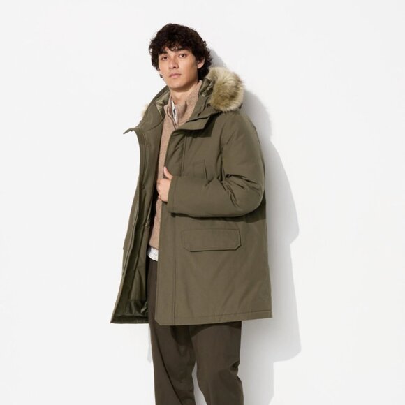 Uniqlo Men's Ultra Warm Down Olive Green Parka Coat Jacket - Size Small - Picture 1 of 16